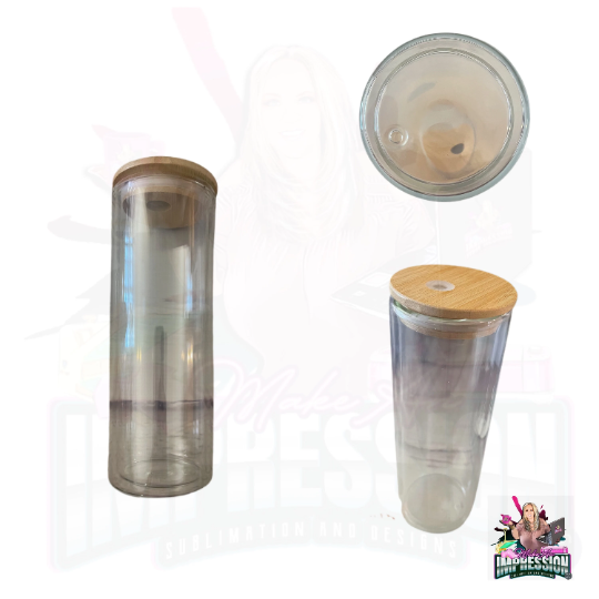 12 oz Clear Glass Sublimation Tumbler w/ Bamboo Lid & Plastic Straw